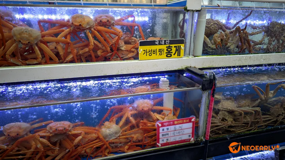 동해에 있는 곳답게 곳곳에 게가 보입니다. 원산지 표기는 빼놓지 않고 언급되어 있었고요.