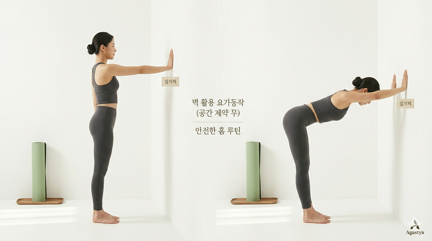 매트 없는 요가 루틴 벽 활용 가슴 열기 및 반기역자 자세 전신 신전