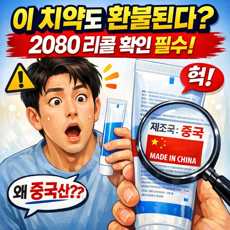 놀란 표정의 30대 한국인 소비자가 치약 튜브를 들고 있는 장면,
치약 튜브 뒷면 &lsquo;제조국&rsquo; 부분이 확대되어 강조된 구성