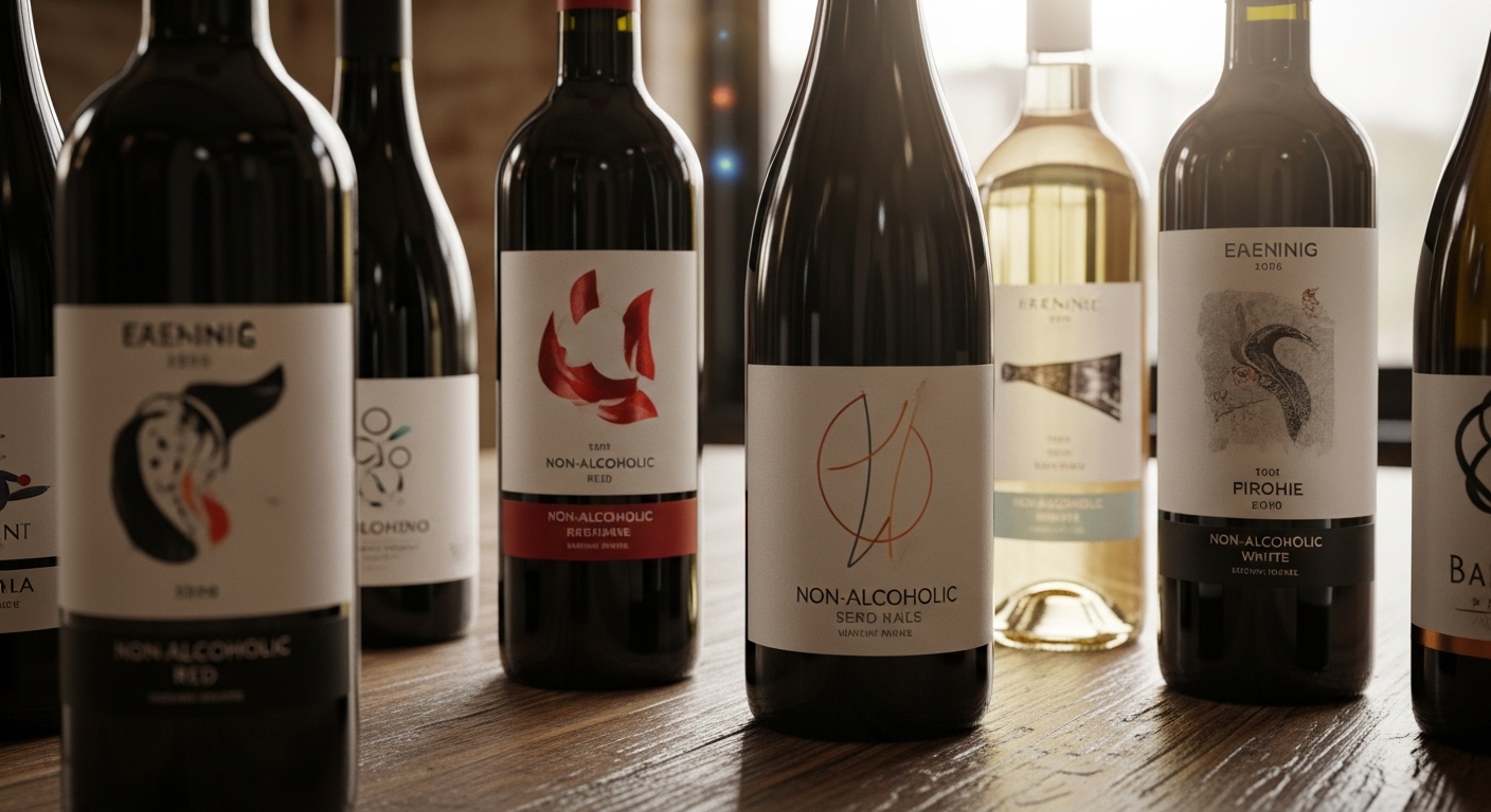 세련된 라벨의 무알코올 레드 및 화이트 와인병들이 나무 테이블에 놓여 있는 모습. 고급스럽고 매력적인 분위기를 연출합니다.