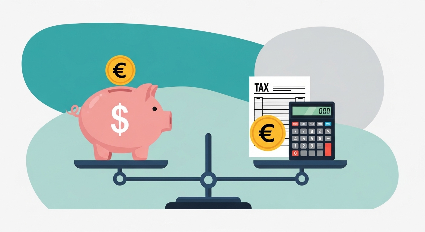 달러 저금통과 세금 서류, 계산기가 저울 위에 놓여 해외 주식 투자 시 환율과 세금을 고려하는 모습