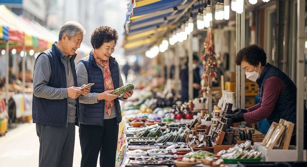 노부부가 작은 시장에서 장을 보는 장면