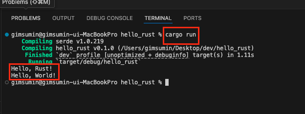 VS Code 터미널에서 Rust 프로그램 실행 결과 화면