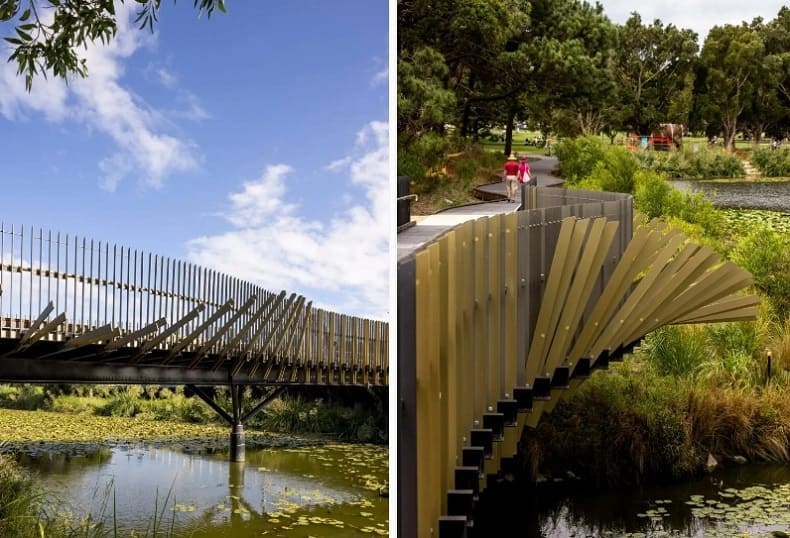 뱀장어의 모양의 시드니 센테니얼 파크랜드 다리 Centennial Parklands Bridge in Sydney