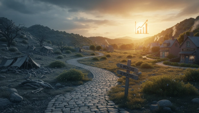 어려운 환경에서 벗어나 번성하는 마을로 이어지는 길. 6개월과 12개월 표지판이 있는 이 길은 자활성공지원금을 통해 경제적 자립을 이루는 희망찬 여정을 상징합니다.