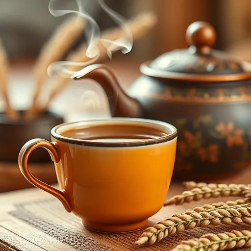 고즈넉한 찻잔에 김이 모락모락 나는 보리차가 담겨 있고, 한편에는 전통적인 문양의 주전자가 놓여 있습니다. 차분하고 건강한 분위기를 연출합니다.