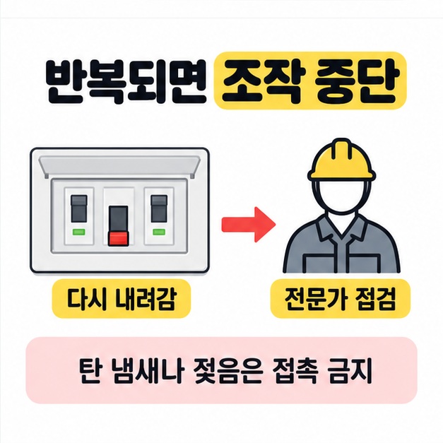 반복되면 조작 중단이라는 제목 아래 다시 내려간 차단기에서 전문가 점검을 나타내는 작업자 그림으로 화살표가 이어지고 탄 냄새나 젖음은 접촉 금지 문구가 표시된 그림