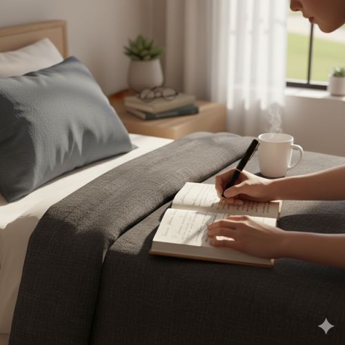 따뜻한 커피 한 잔과 함께 아침 일기를 쓰고 있는 모습