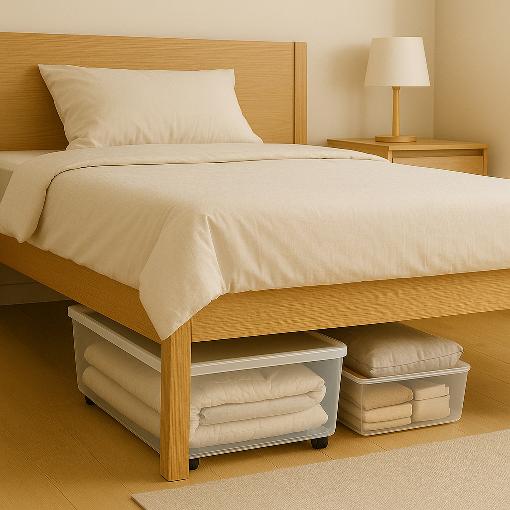 침대 밑 수납 박스에 계절 이불과 소품을 보관한 모습