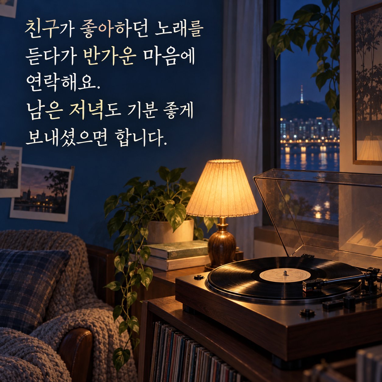 친구에게 전하는 저녁 안부 이미지 13 — 친구가 좋아하던 노래를 듣다가 반가운 마음에 연락해요. 남은 저녁도 기분 좋게 보내셨으면 합니다.