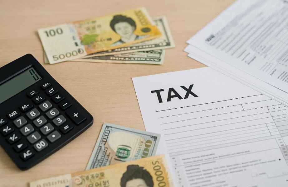 계산기와 원&middot;달러 지폐, 세금 서류가 놓인 책상.