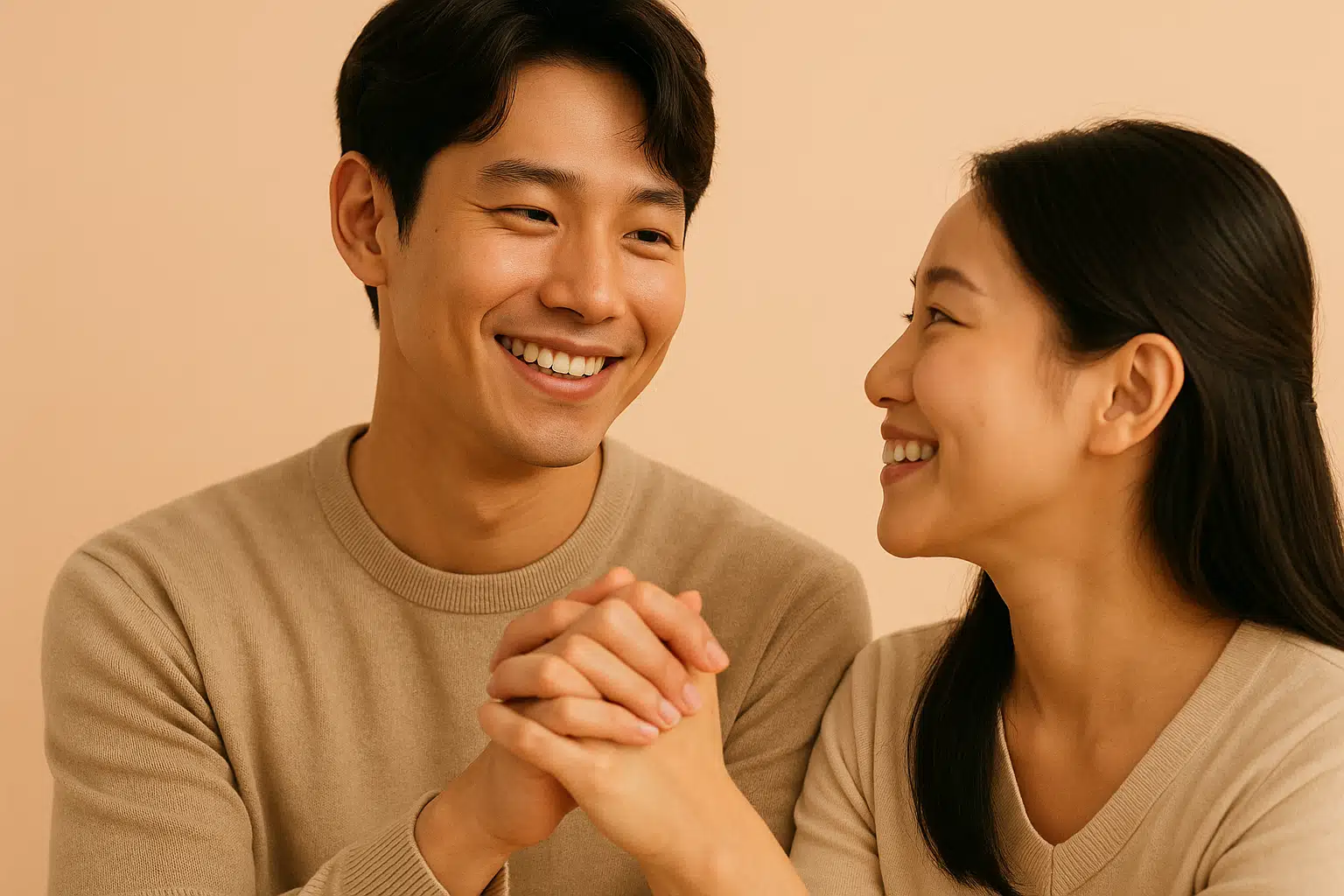 남성이 파트너와 손을 잡고 미소 짓는 장면
