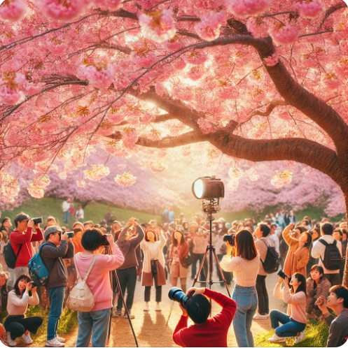 벚꽃을 찍고 있는 사람들의 모습을 표현한 이미지