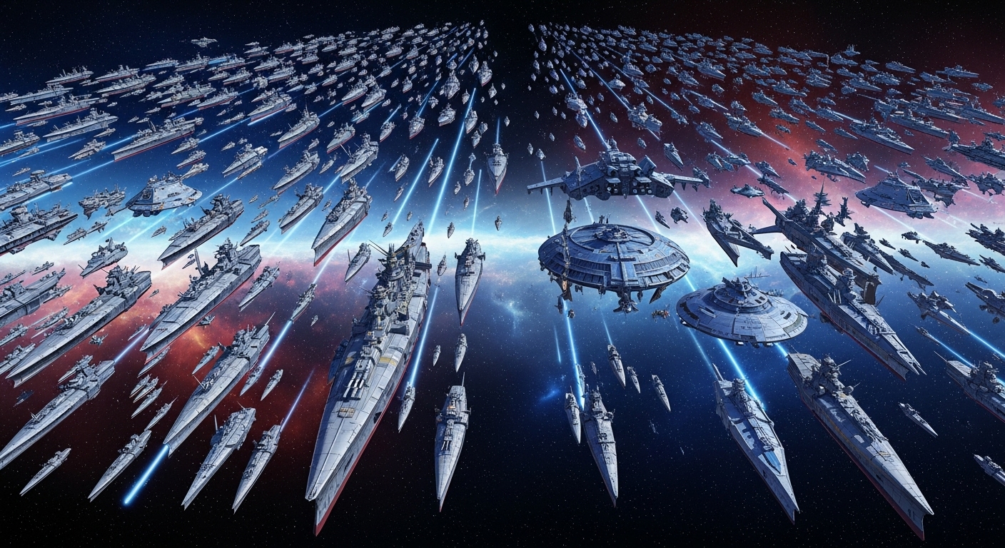 광활한 우주에서 치열하게 대치하는 은하제국과 자유행성동맹 함대의 장엄한 전투 장면.