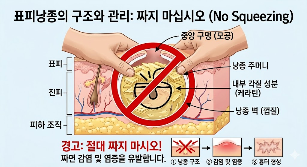 피지낭종을 직접 짤 때 감염과 흉터 위험이 커질 수 있음을 알리는 이미지