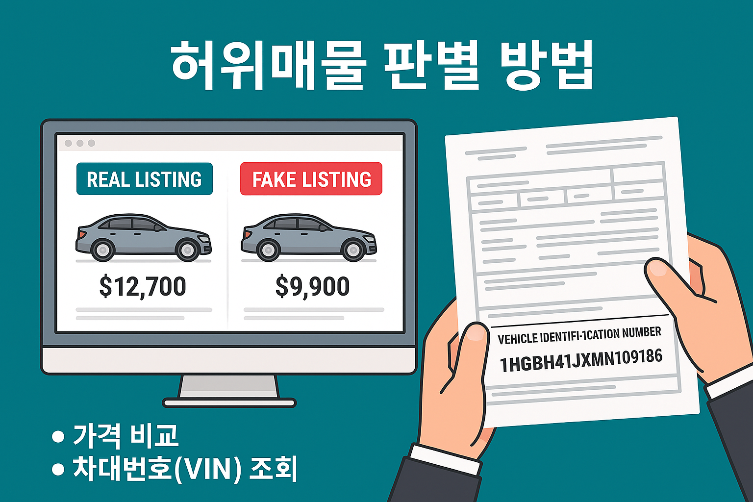 중고차 허위매물 판별을 위한 비교 조회 및 VIN 확인 장면