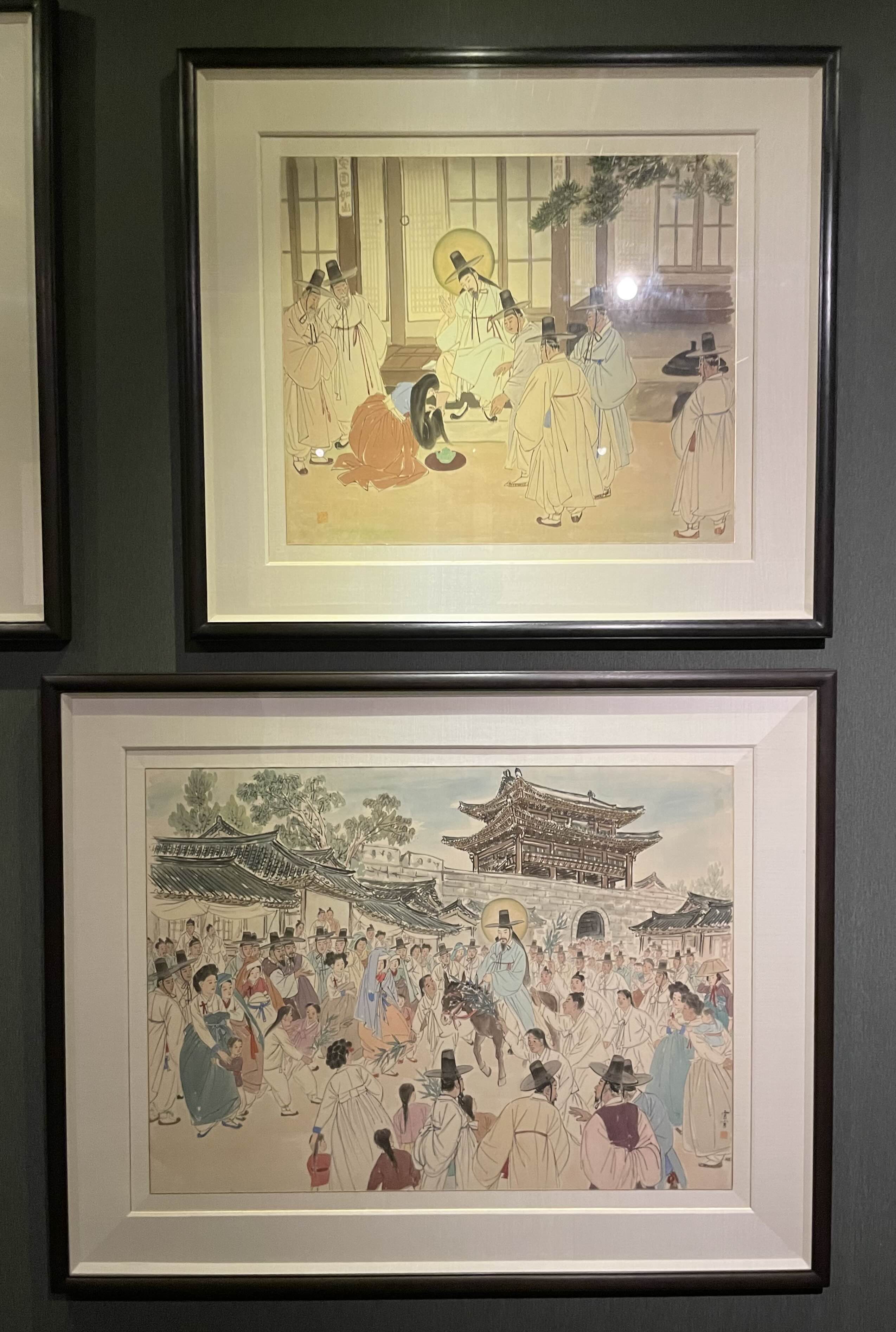 김기창 - 예수의 생애 : 19. 여인, 예수의 발을 씻음, 20. 예루살렘 입성. (1952-1952, 비단에 채색)