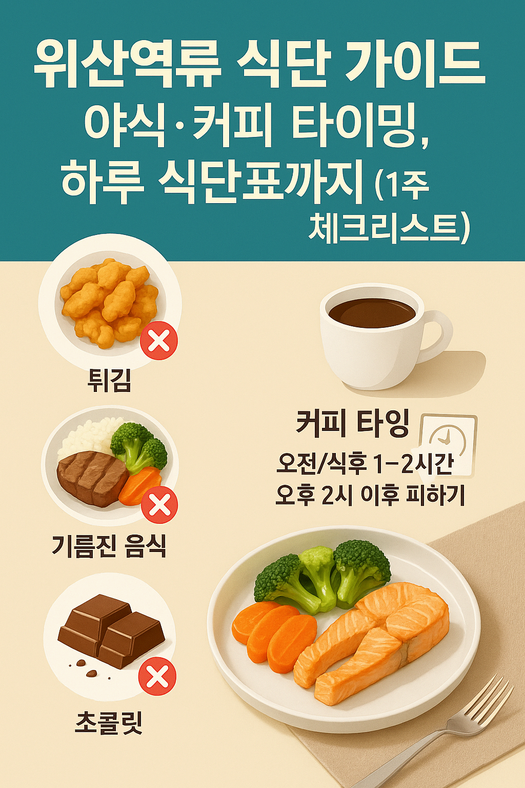위산역류 식단 가이드｜야식&middot;커피 타이밍, 하루 식단표까지(1주 체크리스트)