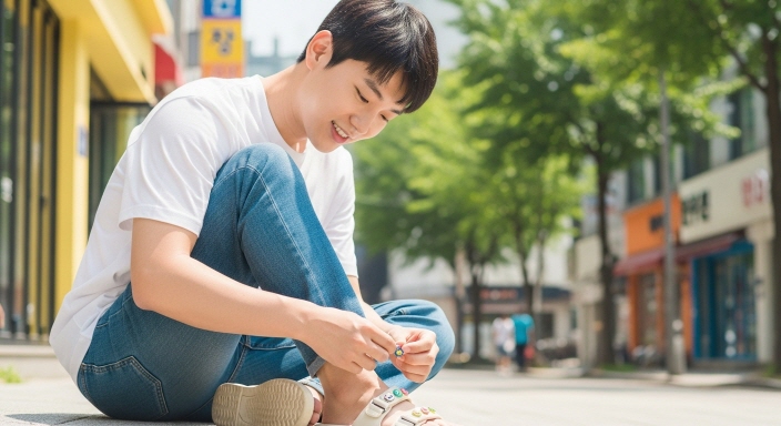 한국 남성의 샌들에 지비츠 참을 부착하는 모습
