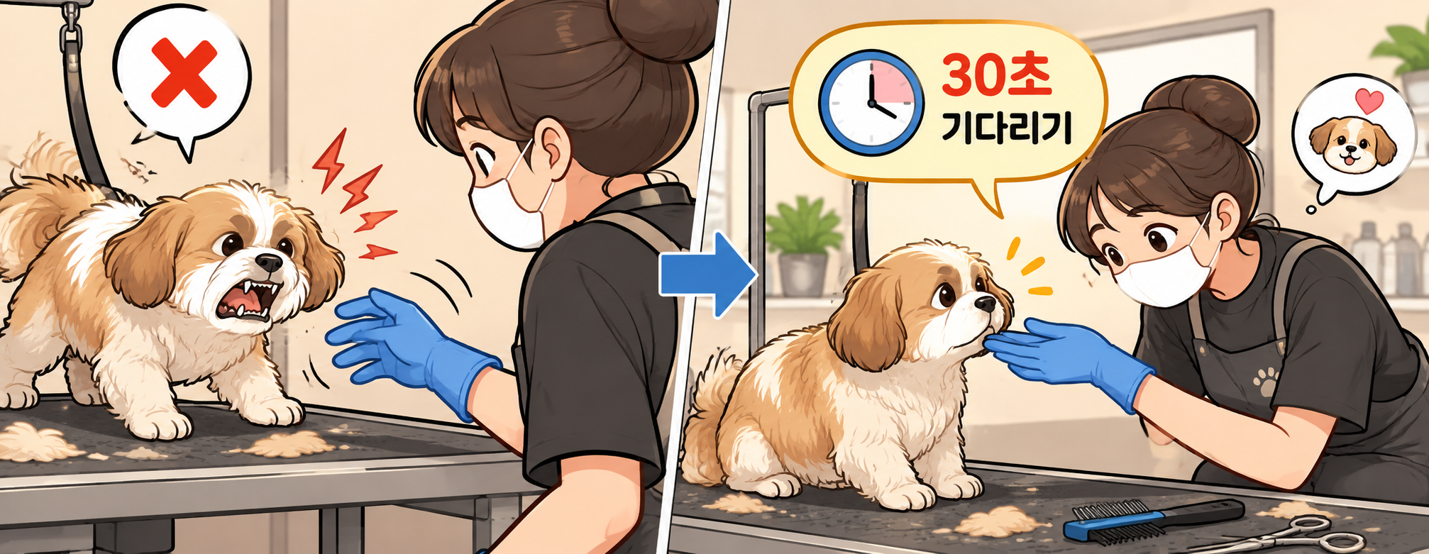 애견미용 중 개에게 조심스럽게 손을 다가가는 애견미용사
