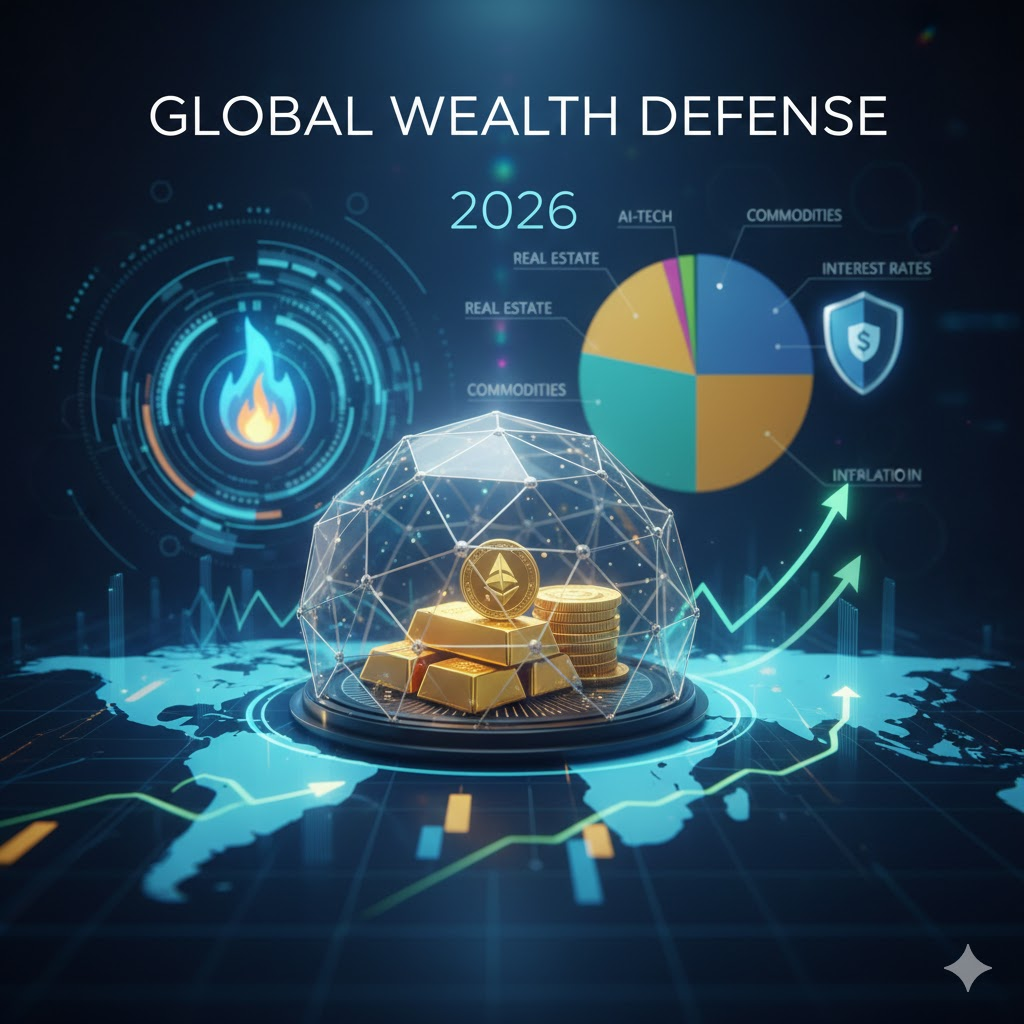A digital infographic visualizing "GLOBAL WEALTH DEFENSE 2026" with elements like a pie chart showing asset allocation (AI-Tech, Real Estate, Commodities, Interest Rates, Inflation), gold bars, digital coins, and a protective shield, all overlaid on a glowing world map.