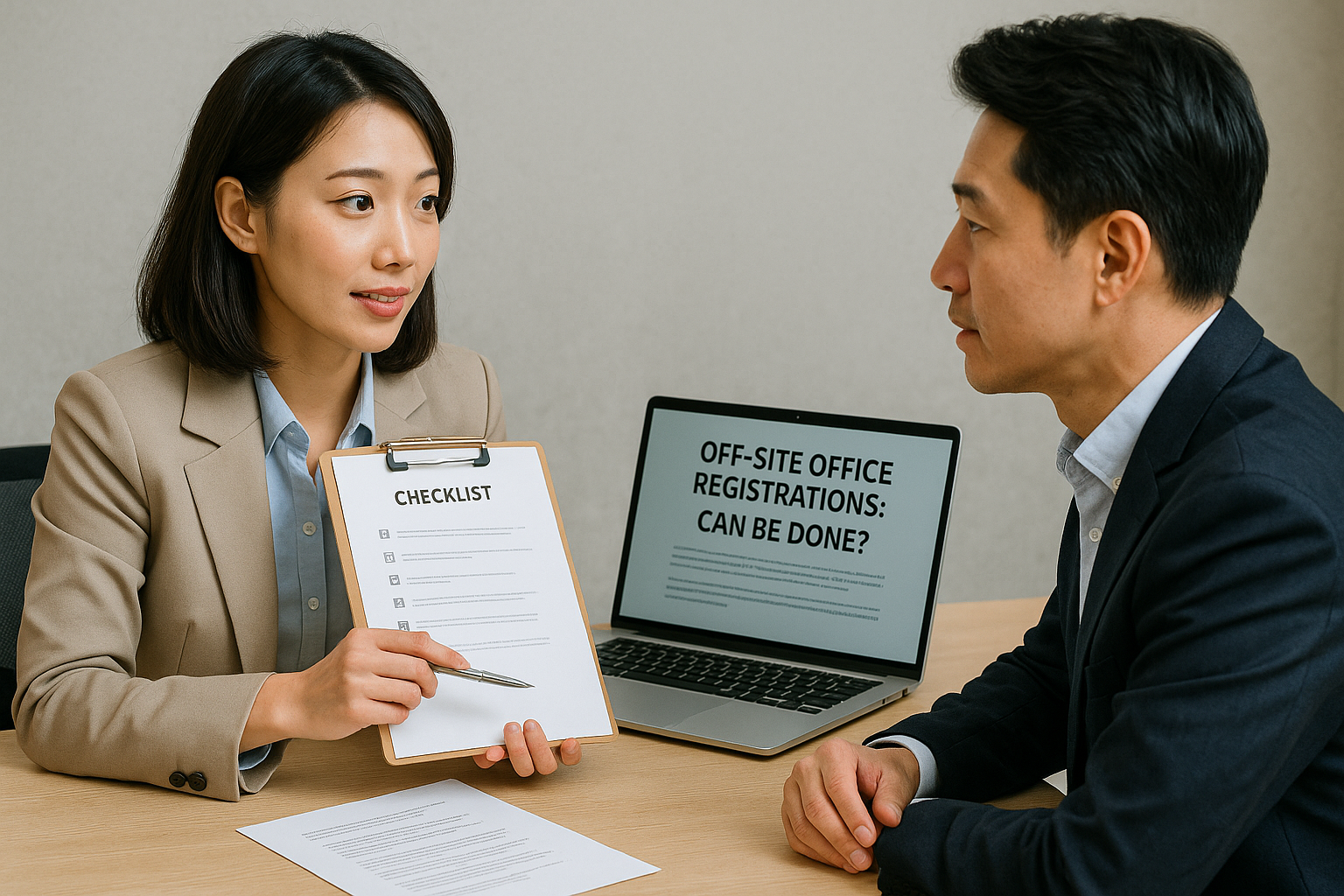 전문적인 차림의 여성이 강남 비상주사무실 계약 관련 서류를 검토하며 상담을 받고 있는 모습