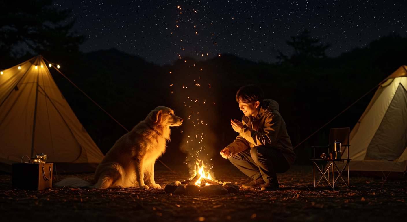 강원도 캠프장에서 별빛 아래 반려견과 함께 휴식하는 모습