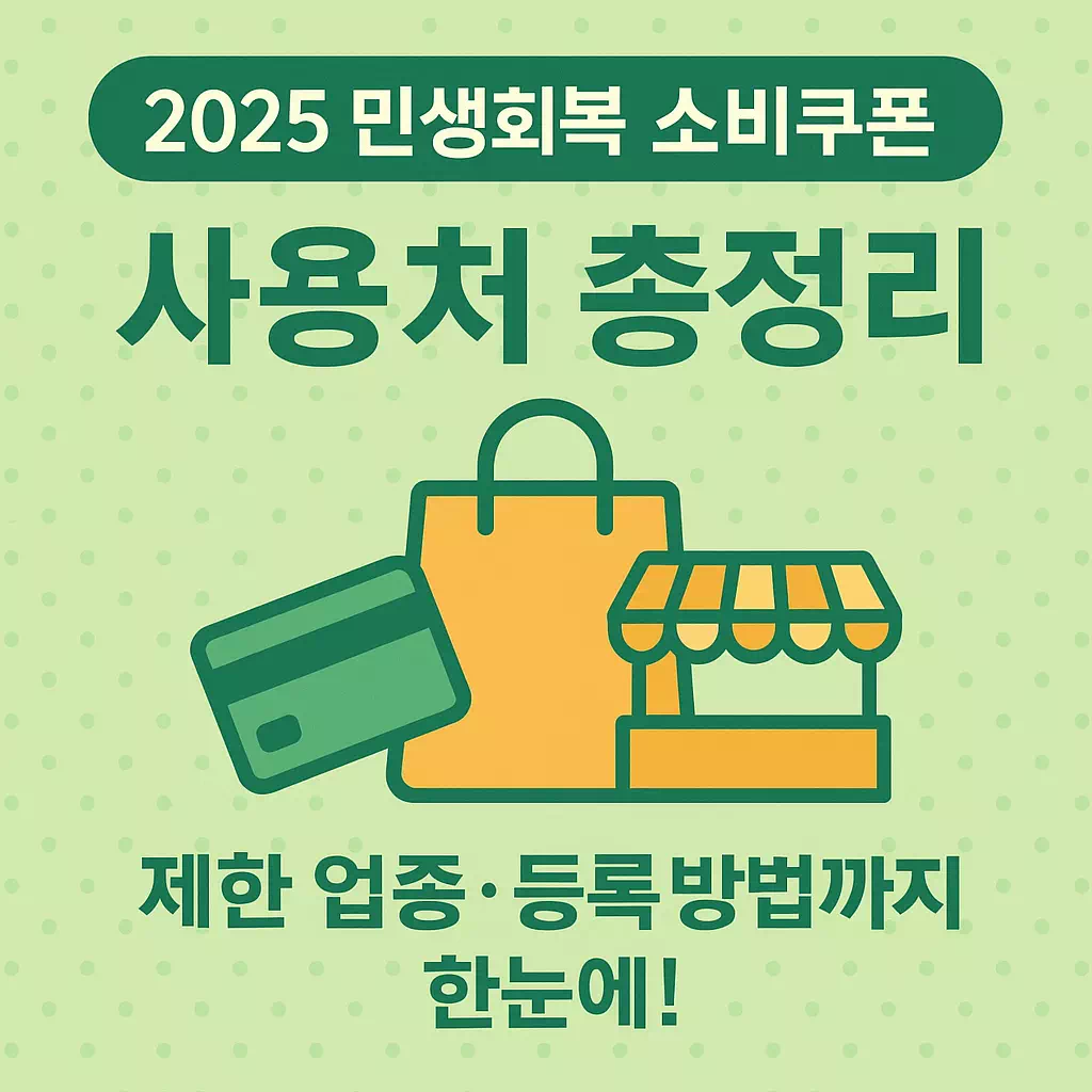 2025 민생회복 소비쿠폰 사용처와 등록 방법을 안내하는 카드·쇼핑 아이콘 중심의 인포그래픽 썸네일