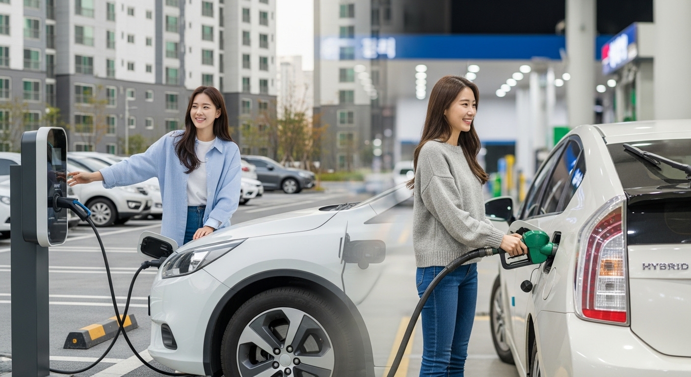 한국인 여성이 전기차를 충전하거나 하이브리드차에 주유하는 편리함과 불편함을 대조하는 모습