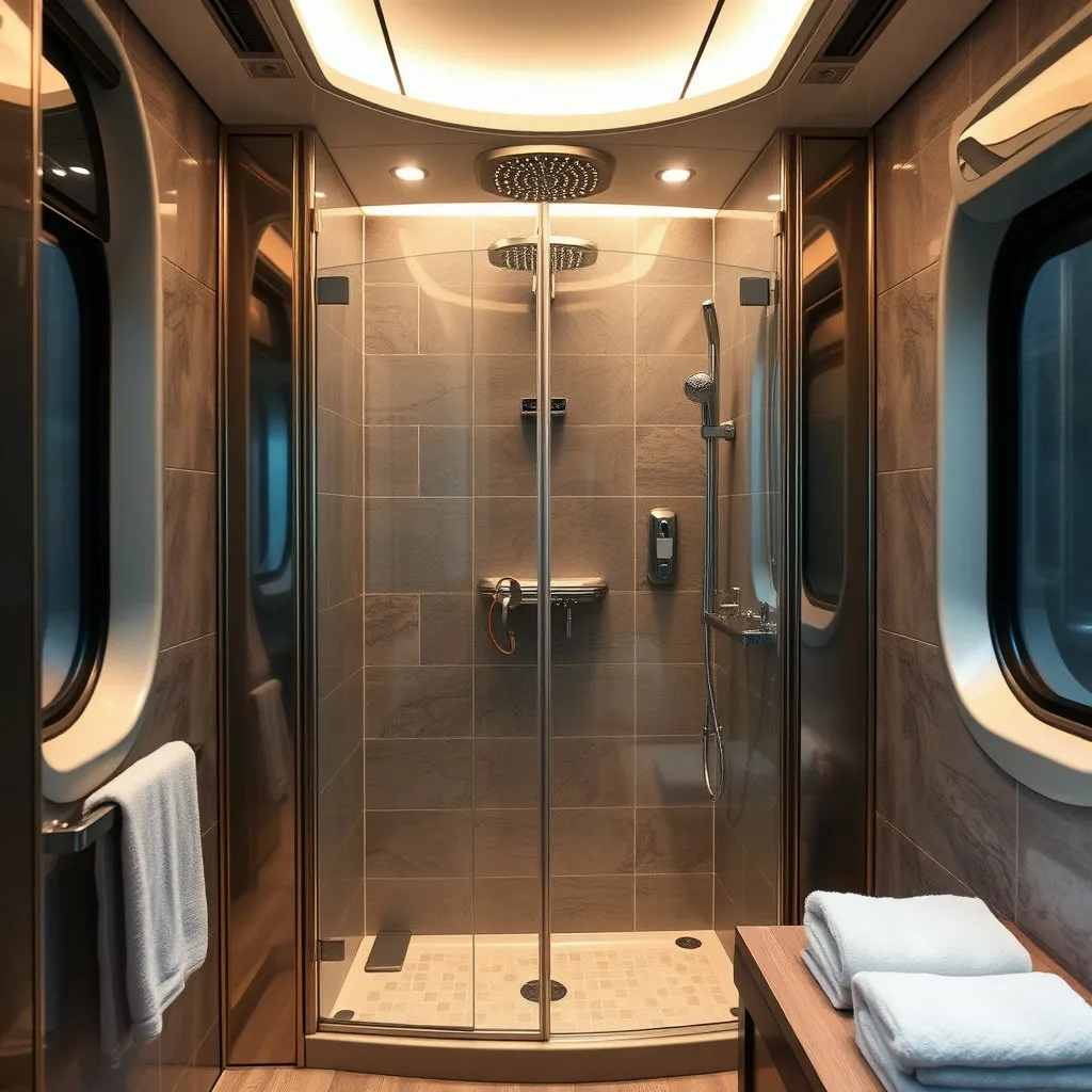 기차 안에서도 불편함 없이 청결을 유지하고 휴식을 취할 수 있도록 마련된 샤워실의 모습을 담습니다. 섬세한 편의 제공을 강조하여 여행의 만족도를 높이는 요소임을 보여줍니다.