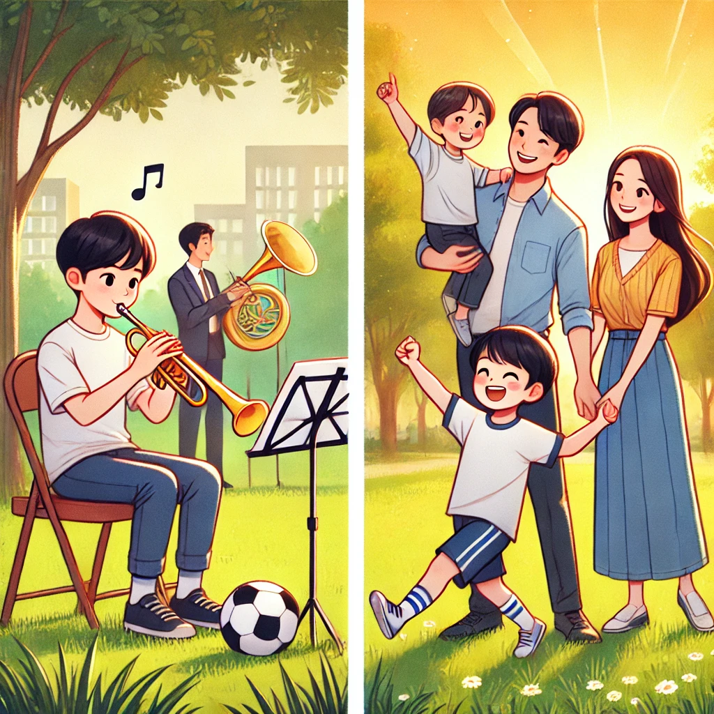 가족이 공원에서 아이가 축구공을 차거나 악기를 연습하는 모습을 응원하며 지켜보는 장면. 푸른 하늘과 따뜻한 햇살 속에서 가족의 지지와 긍정적인 분위기가 표현됨.