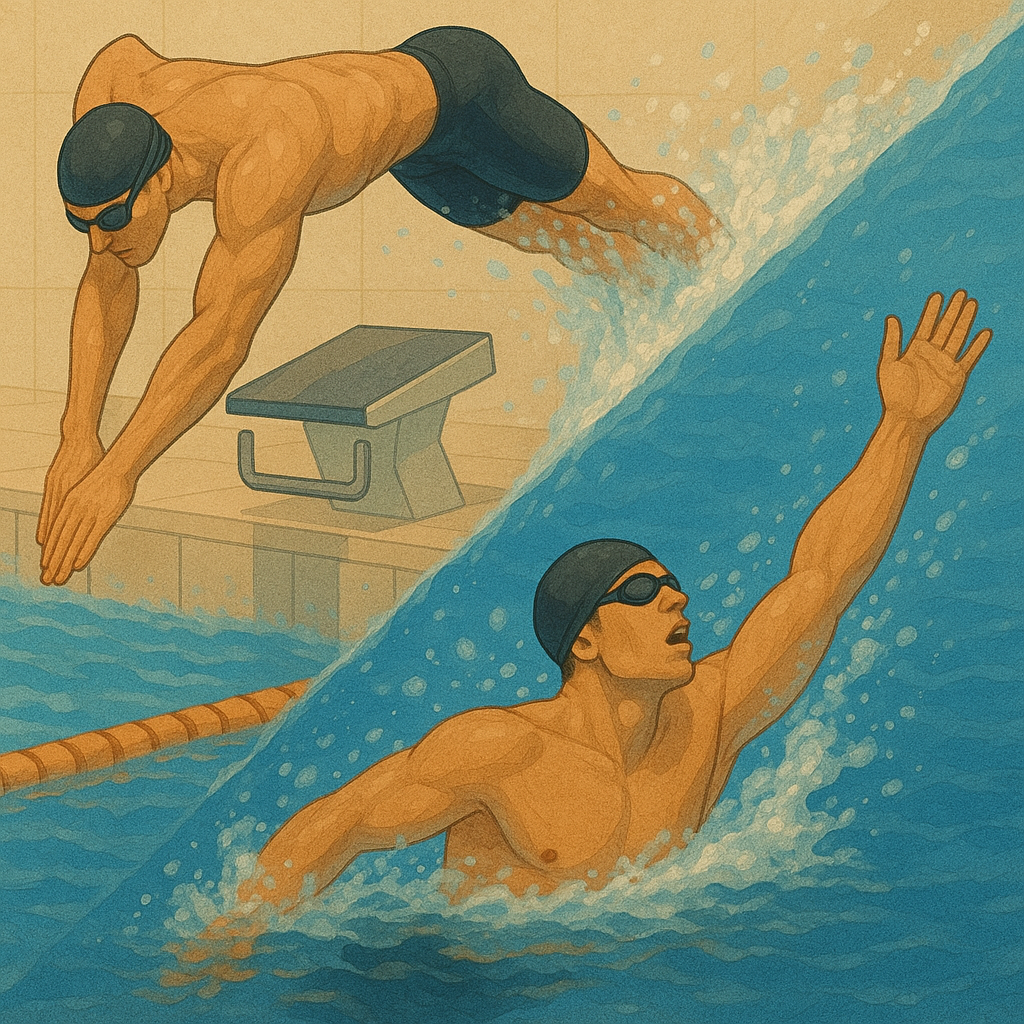 수영선수들의 스타트와 피니시 기술 관련 사진