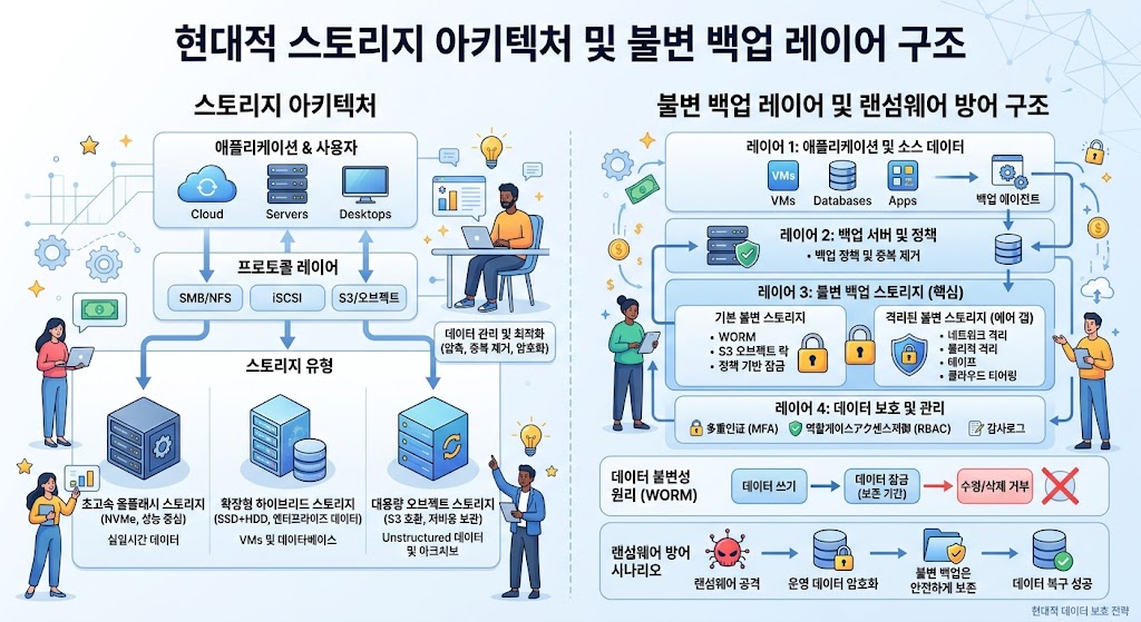 엔터프라이즈 NAS 및 SAN 환경에서 WORM 기술을 적용한 불변 데이터 보호층을 시각화한 VISION 2026 브랜딩