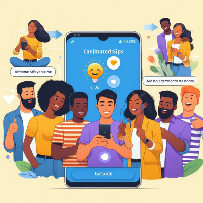 젊은 남녀가 함께 스마트폰으로 GIF를 만들고 있는 장면