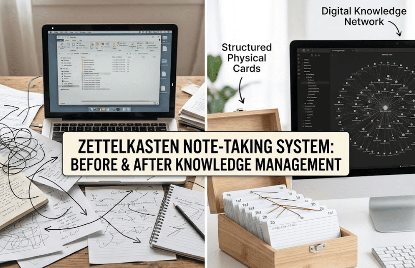 책상 위의 어지러운 메모지 컴퓨터 화면 속 촘촘하게 연결된 지식 그래프를 비교한 제텔카스텐 시스템 인포그래픽