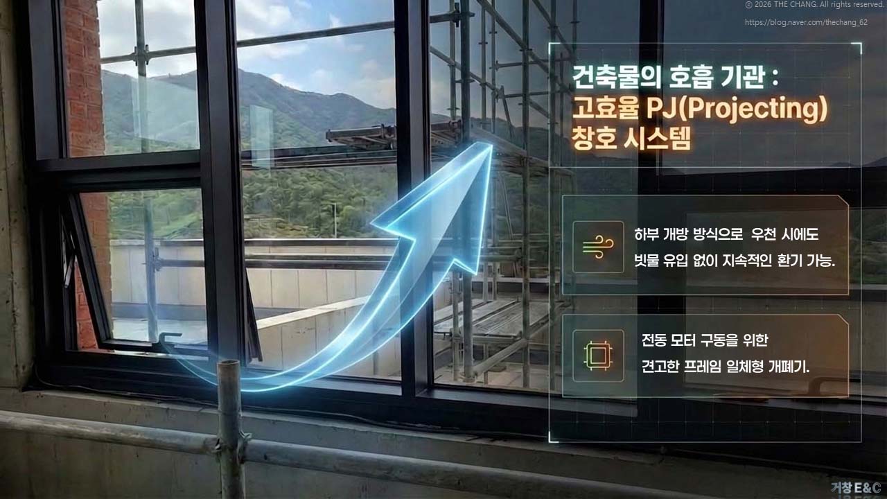 하부 개방 방식, 우천 시 지속 환기 가능, 프레임 일체형 개폐기