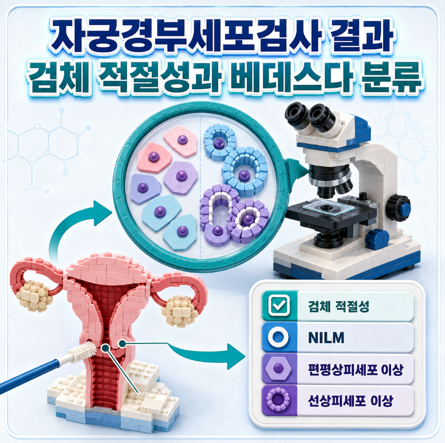 자궁경부세포검사 결과의 검체 적절성, NILM, 편평상피세포 이상과 선상피세포 이상을 보여주는 메디컬 인포그래픽