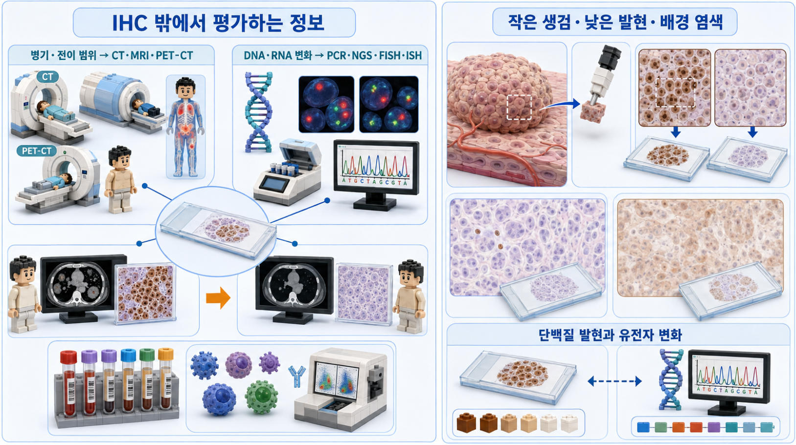 면역조직화학검사 밖에서 평가하는 병기·전이·유전자 변화·치료 반응과 작은 생검·낮은 발현·배경 염색 등 검사 한계