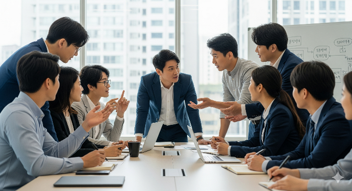 여려명의 직장인들이 회의실에서 토론하는 모습