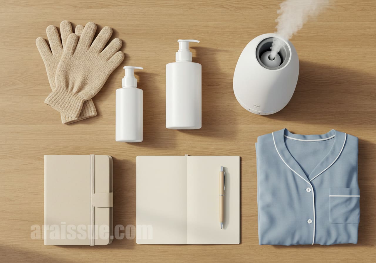 나무 테이블 위에 면장갑, 보습제, 가습기, 일기장, 순면 잠옷 등이 정리되어 있으며, 아토피 관리에 필요한 루틴 아이템이 한눈에 보이도록 구성돼 있습니다.