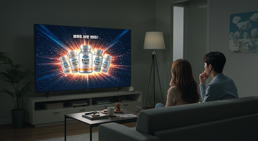 과장된 건기식 광고를 보고 있는 부부