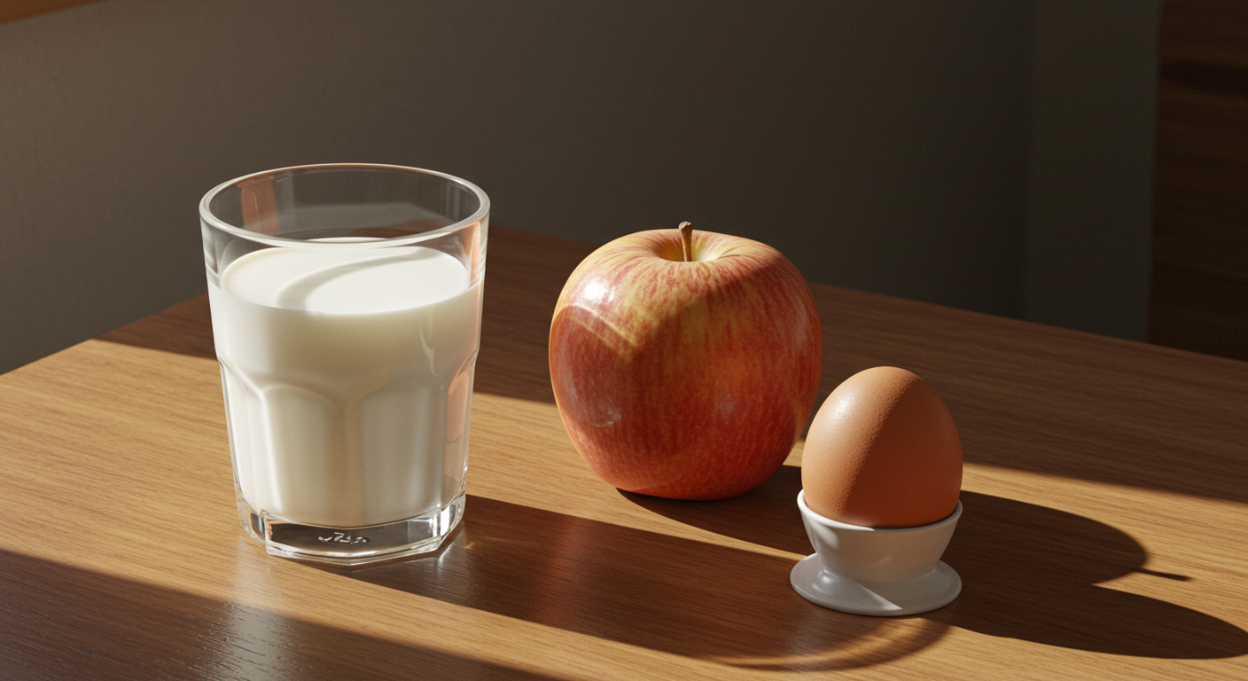 햇살 들어오는 식탁 위, 투명한 유리잔에 담긴 흰 우유와 옆에 사과, 삶은 달걀이 놓여 있다.