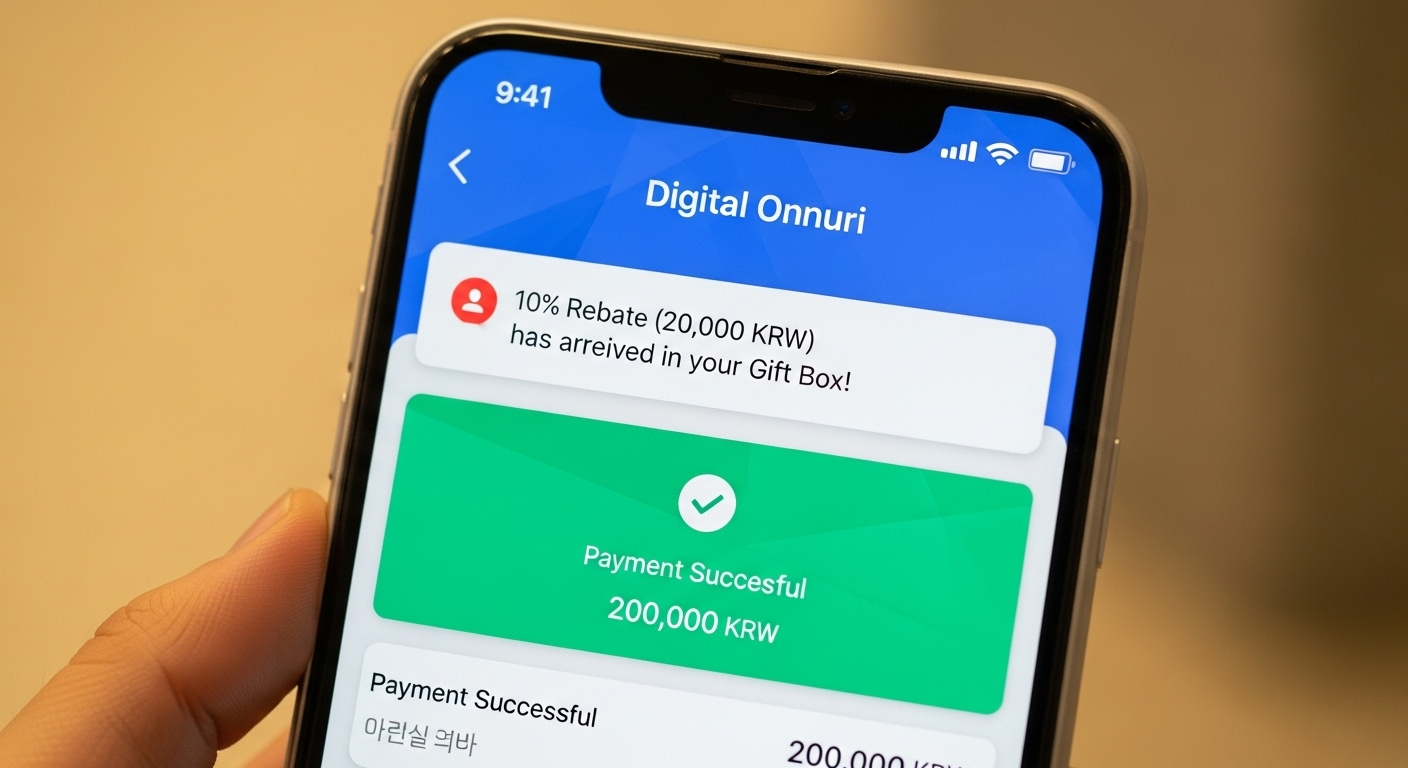 '디지털 온누리' 앱에서 QR 결제를 하고, 10% 환급(2만원) 알림이 뜨는 스마트폰 화면