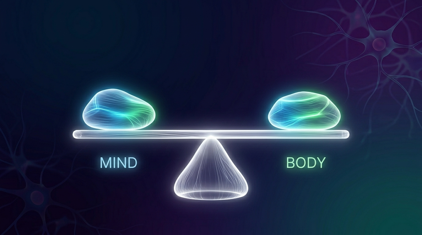 정신(MIND)과 신체(BODY)의 균형을 나타내는 저울 형태의 추상적인 디지털 그래픽
