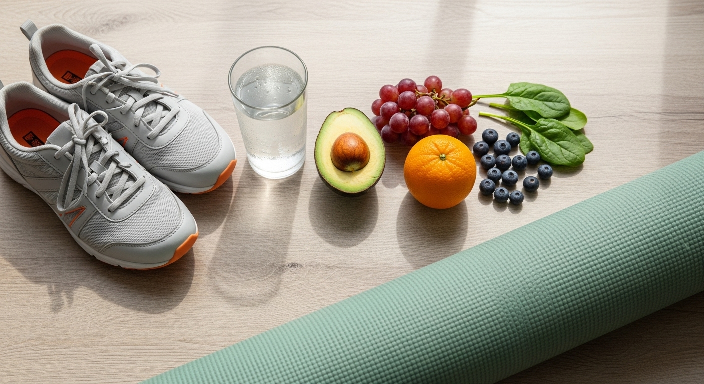 갱년기 질 건강을 위한 수분 섭취, 건강한 식단, 운동을 상징하는 생활 습관 요소들.