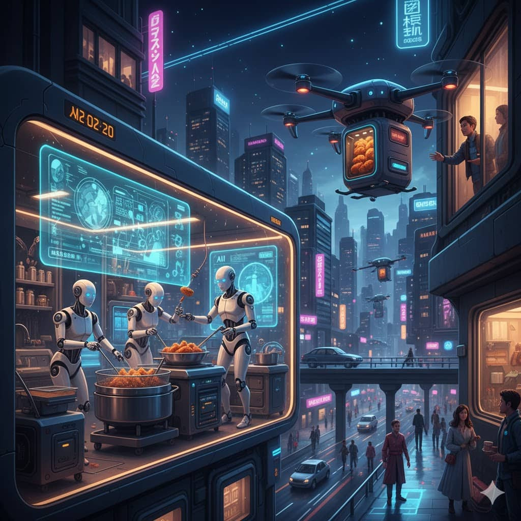 2086년 병오년 치킨 배달 상상도 &mdash; 드론 배달, 로봇 조리, AI 플랫폼 시대"
2086년 병오년 치킨 배달 상상도 &mdash; 드론 배달, 로봇 조리, AI 플랫폼 시대