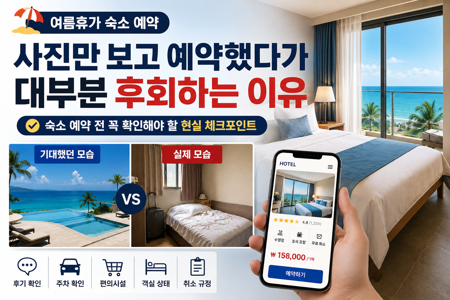 대표 이미지 설명 호텔 객실 사진과 실제 숙소를 비교하는 느낌의 미니멀한 이미지