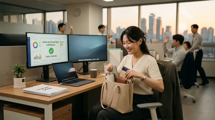데이터 자동화로 빠르게 업무를 마치고 여유롭게 퇴근 준비를 하는 직장인의 모습