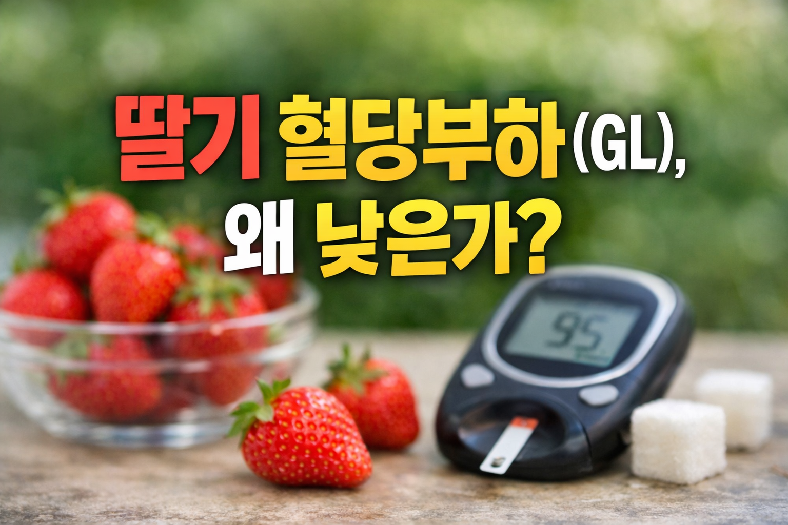 딸기와 혈당측정기가 함께 놓여 있는 이미지, 딸기 혈당부하(GL)가 낮은 이유를 설명하는 썸네일