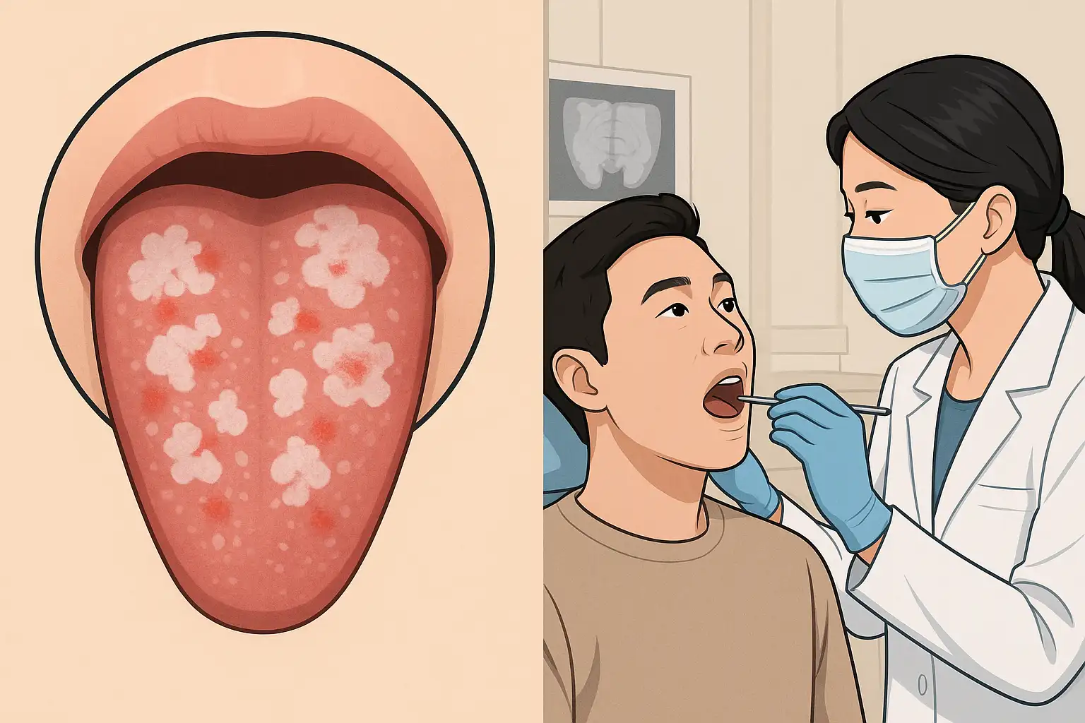 혀에 흰색 또는 붉은 반점이 생긴 혀를 확대한 이미지, 구강내과 진료 받는 모습